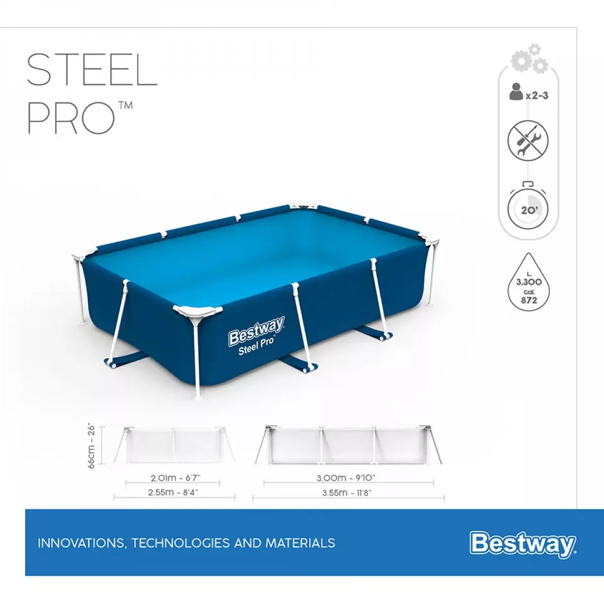 Бассейн каркасный 300x201x66 см прямоугольный без фильтра-насоса BESTWAY 56404 Бассейн каркасный 300x201x66 см прямоугольный без фильтра-насоса BESTWAY 56404